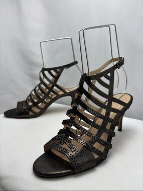 Vince Camuto Women’s Sz9.5 Black Strappy Crystal-Trim W/Bronze Shim Heels  #0295
